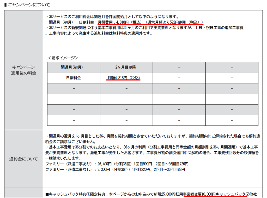 契約内容のキャンペーン欄